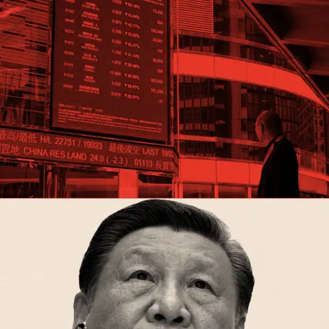 BBC A treated split image, showing a digital display with the figures of the stock market above China's President Xi Jinping