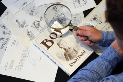 “Original Roald Dahl ink sketches drawn in black ballpoint pen illustrating scenes from his 1984 memoir Boy: Tales of Childhood, featuring items like a gobstopper jar mouse, closed sweetshop sign, school toothbrush and fountain pen.”