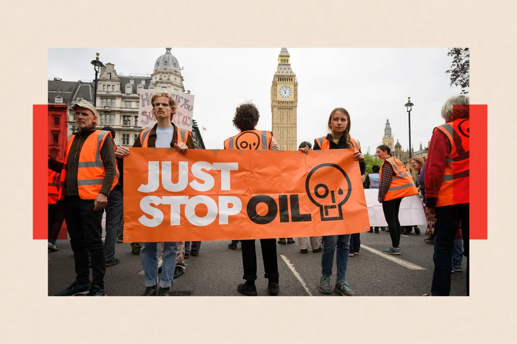 "Protest scene showing a Just Stop Oil banner with police presence, symbolizing crackdown on climate activism and the movement going underground."