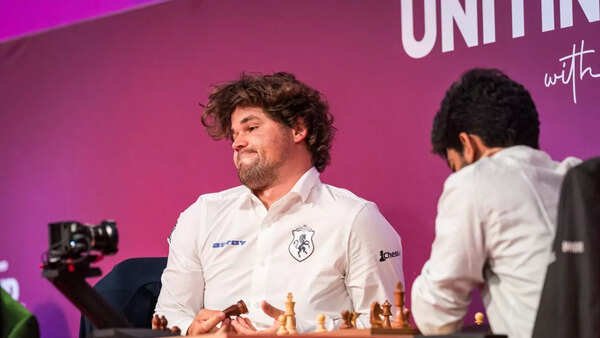 Magnus Carlsen reacts during his game against D Gukesh at the Super United Rapid and Blitz tournament in Zagreb, Croatia. (Image: Grand Chess Tour/X) Carlsen-Gukesh-GCT