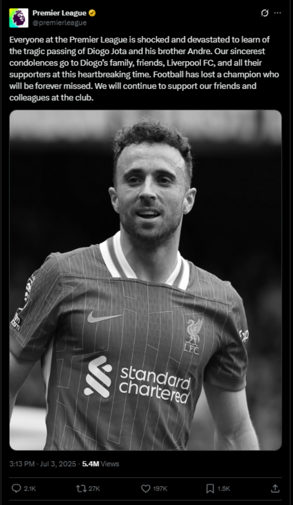 Diogo Jota Premier League (Image via X) Diogo Jota