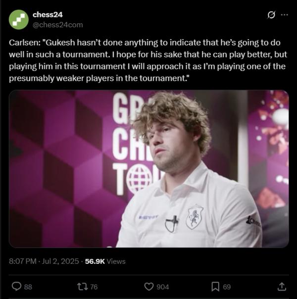 Magnus Carlsen to D Gukesh (Image via X) Magnus Carlsen